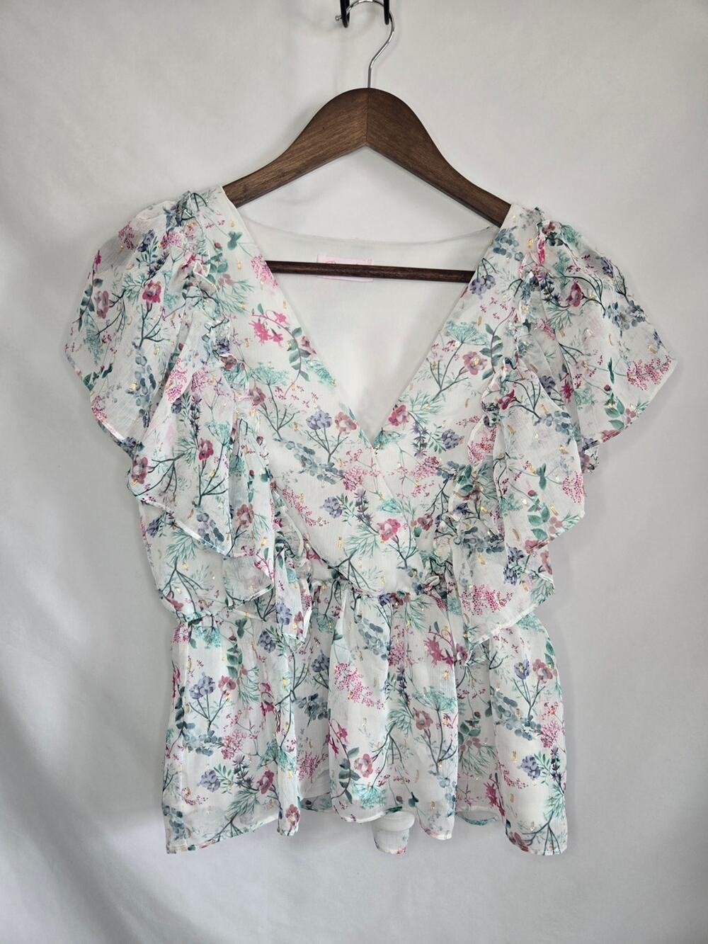 Pink Lily White Floral Ruffle Peplum Blouse – Size M